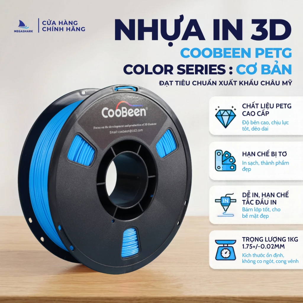 Nhựa In 3d PetG Coobeen 1,75mm 1kg - Megashark - Tiêu chuẩn xuất khẩu Châu Mỹ - Độ bền cao - Ít kéo sợi - Bám lớp tốt