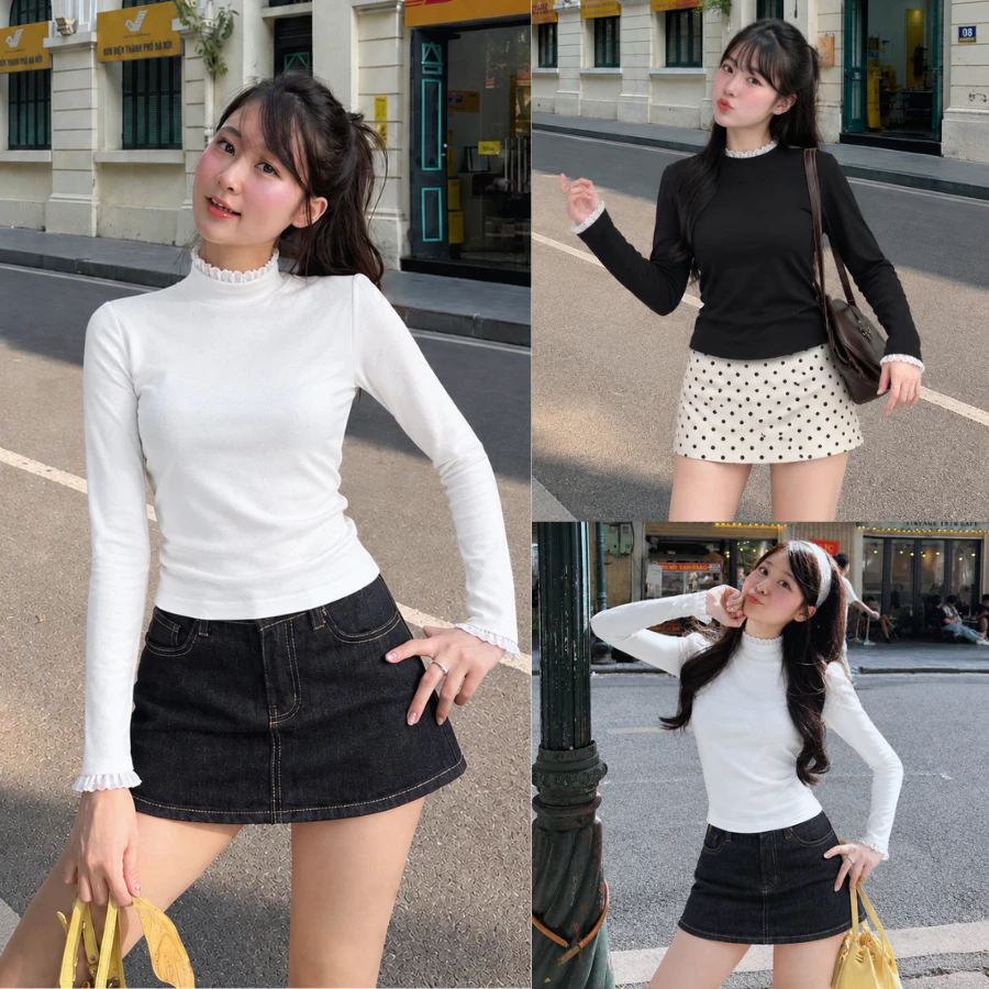 Áo Thun Giữ Nhiệt Cổ 3cm Phối Ren Điệu Đà Co Giãn 4 Chiều, Áo Giữ Nhiệt Lông Thỏ Cao Cấp Ấm Áp Bigsize