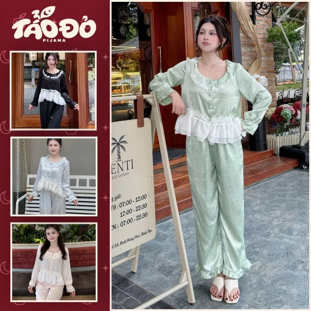 BỘ ĐỒ NGỦ PIJAMA NỮ HHD09 CHẤT LIỆU LỤA GÃY PHỐI REN NHẸ BỘ ĐỒ NGỦ DÀI PHỐI REN NHẸ NÀNG THƠ MẶC Ở NHÀ