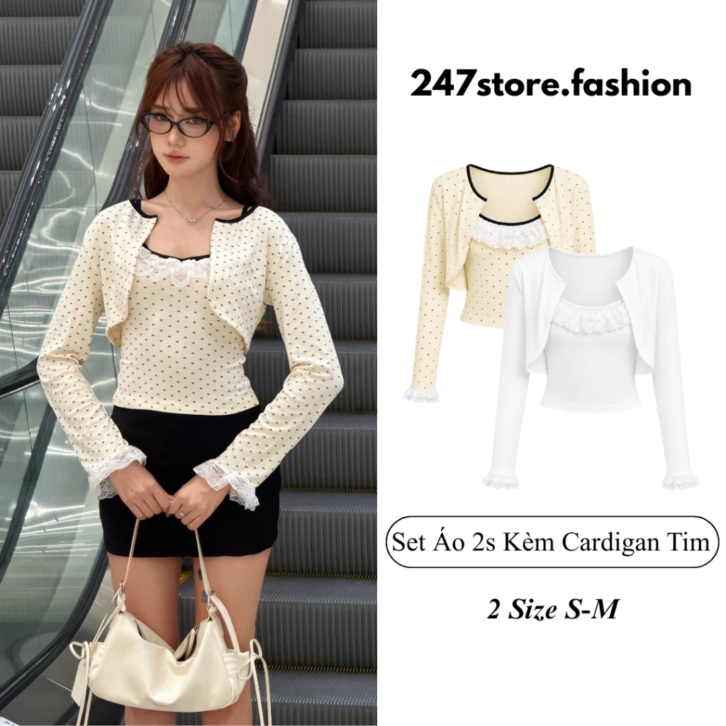 Set 2 Món Áo 2s Dây Kèm Cardigan Tim Nữ Phối Ren, Set Áo Nữ 2 Món Mỏng Mềm Co Dãn 4 Chiều SetA63 247store