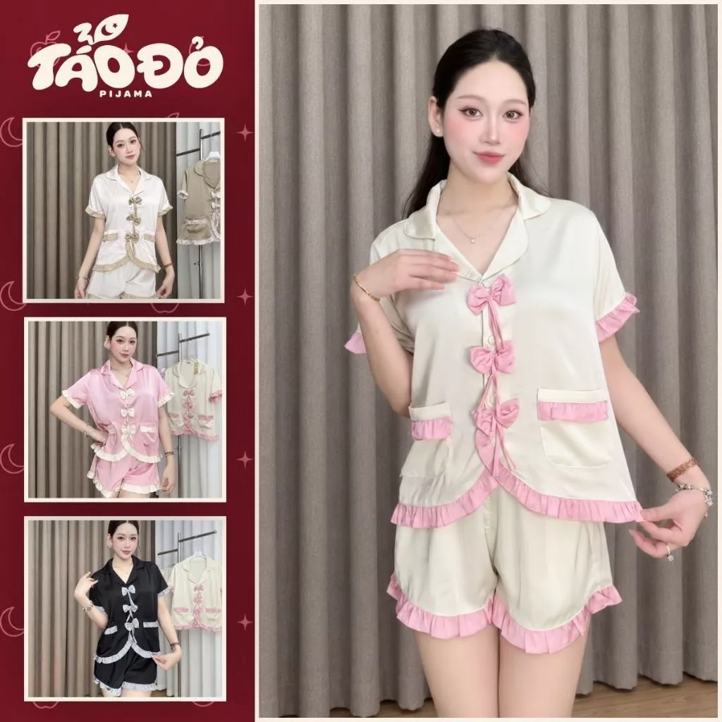 BỘ ĐỒ NGỦ NỮ VẢI LỤA LATIN HHD08 TAY NGẮN QUẦN ĐÙI PHỐI NƠ VIỀN SANG TRỌNG MẶC Ở NHÀ MÁT MỊN