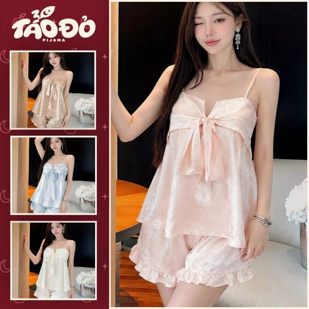 BỘ ĐỒ NGỦ HHD14 PIJAMA VẢI LỤA THIẾT KẾ SANG TRỌNG VỚI CHIẾC NƠ TINH TẾ MẶC THOÁNG MÁT