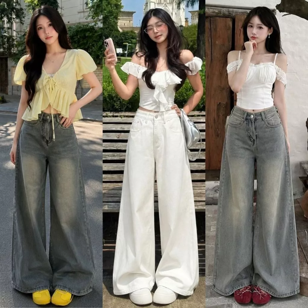 Quần Jean Wash Retro Xanh Xám Suông Ống Rộng Nữ Lưng Cao Quần Jean Denim Mềm Form Suông Loe Rộng BEU