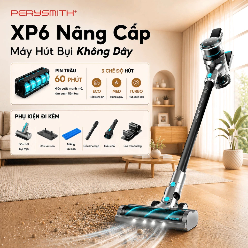 [N]Máy Hút Bụi Không Dây XP6 Nâng Cấp PerySmith, Lực Hút 32.000Pa, Pin trâu 60 Phút
