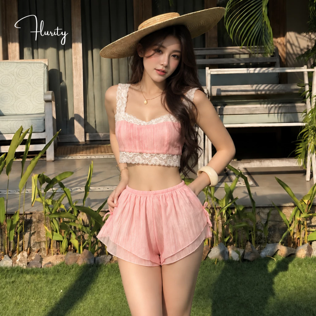 Set Thiết Kế Bộ Quần Áo 2 Lớp Áo Croptop Bản Dây Ren Mềm Quần Cộc Kèm Nơ Chất VoanTơ Gân Hàn FLURITY - CAMELIA BN2BTG238