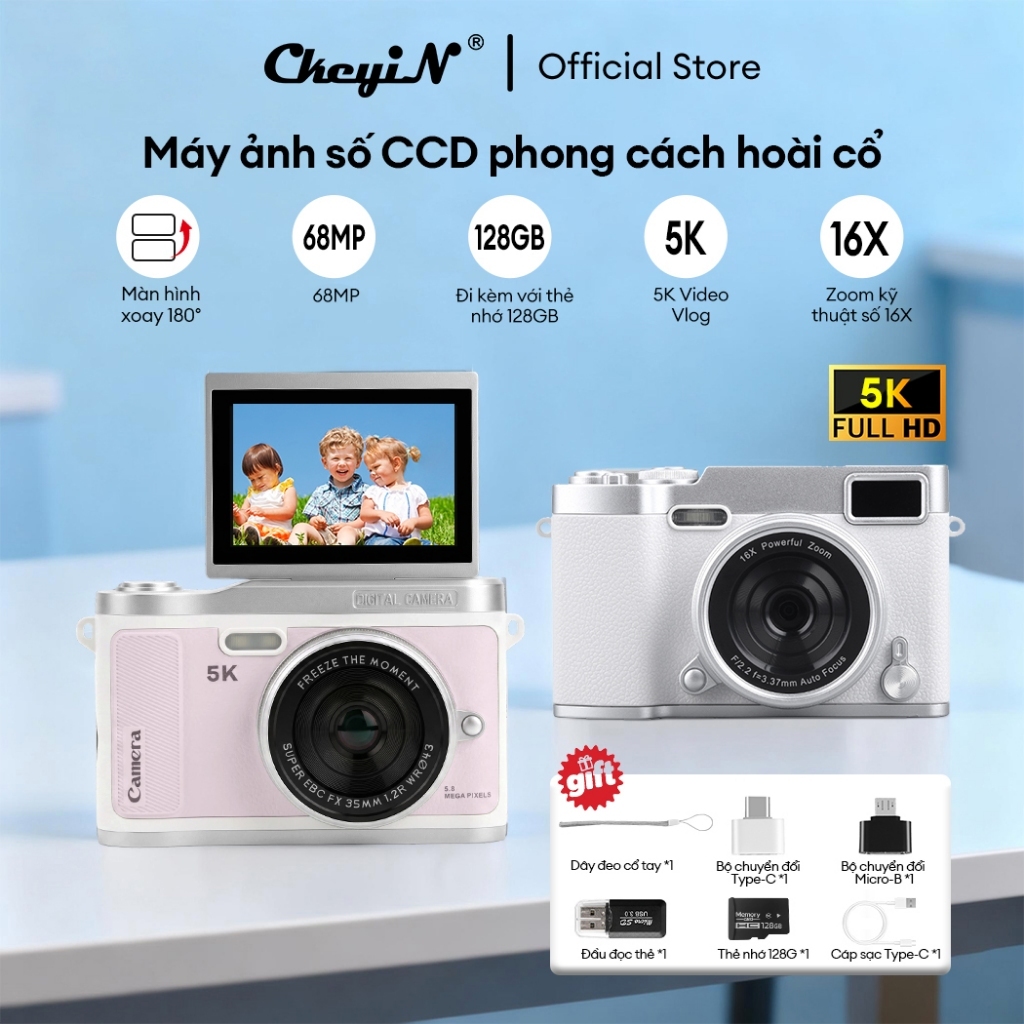 CkeyiN [Tặng thẻ nhớ 128GB] Máy Ảnh Mini Selfie digital camera 180° Màn Hình…
