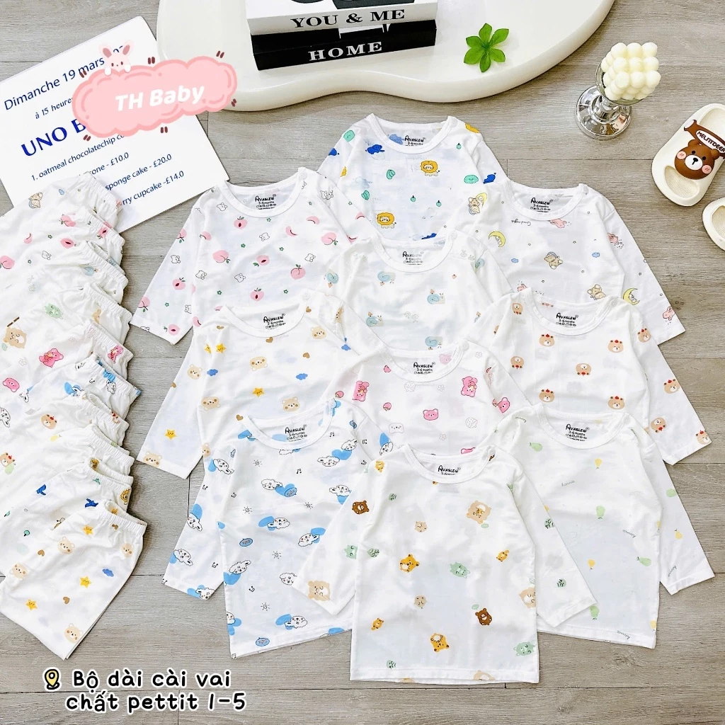[Loại Đẹp] COMBO 3/5 BỘ DÀI TAY CHẤT PEPTIT CAO CẤP NỀN TRẮNG IN HỌA TIẾT CHO BÉ 3-13KG