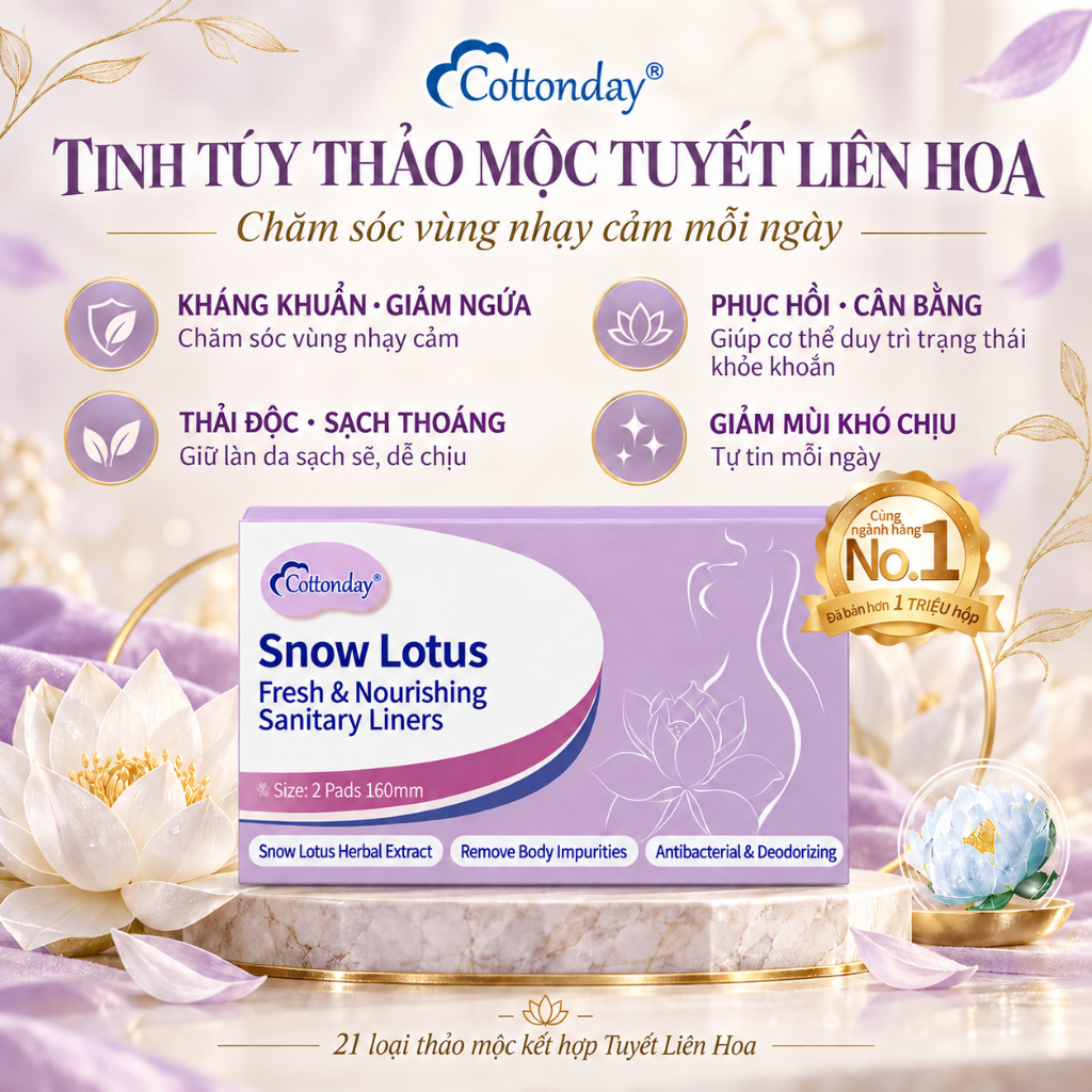 Băng vệ sinh Snow Lotus Cottonday 160mm (2 miếng), chứa 14 chiết xuất thảo…