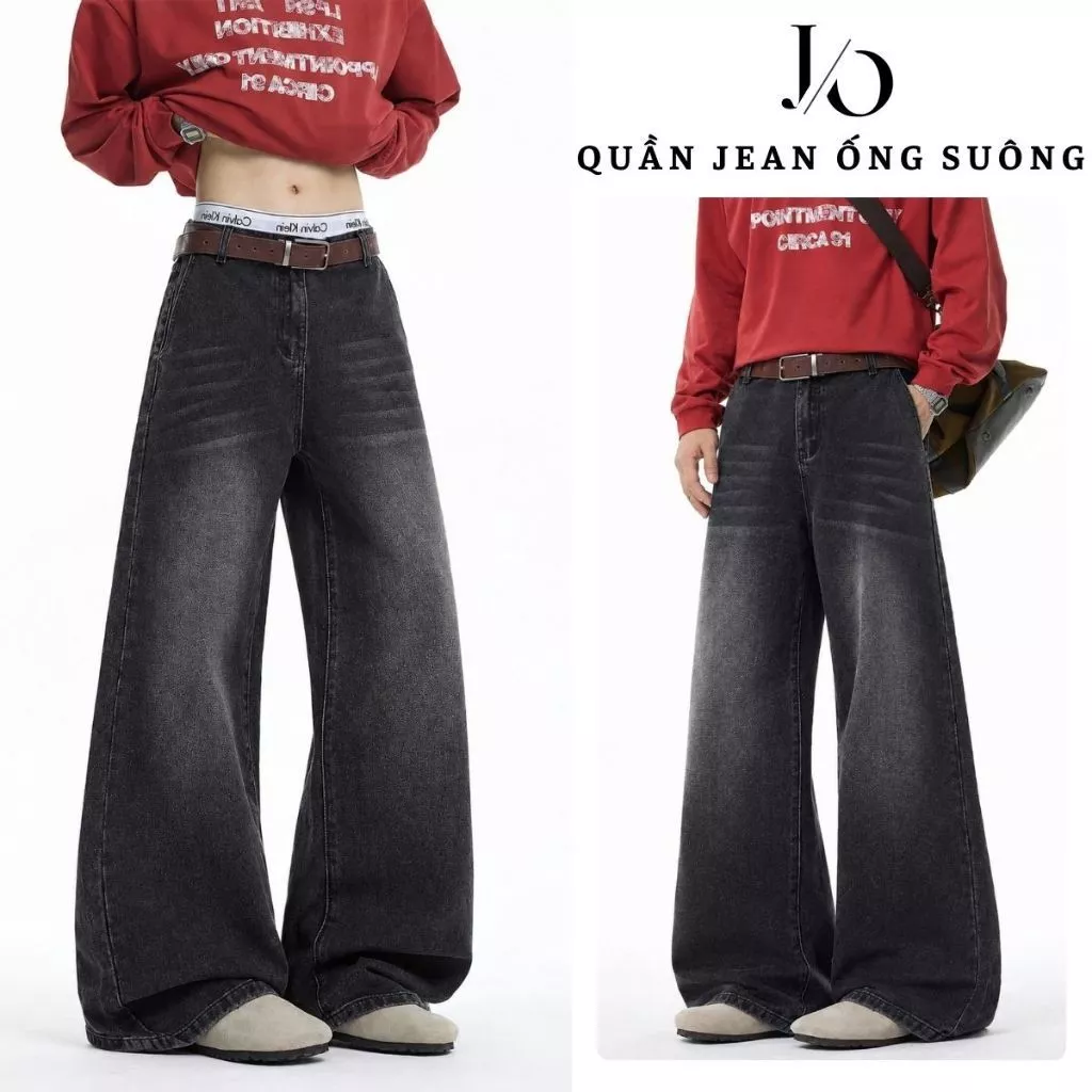 Quần Jean Suông Ống Rộng Nam Đen Mài Wash Quần Jean Suông Unisex Lưng Cao Phong Cách HIPHOP Bigsize