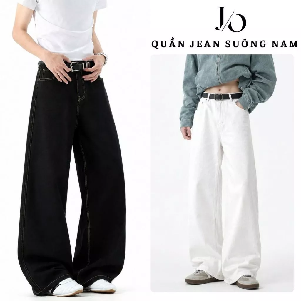 Quần Jean Nam Suông Ống Rộng 28CM Cạp Cao Chỉ Nổi Dáng Dài Chất Jean Denim Mềm BIGSIZE Trắng Đen Dễ Phối Đồ