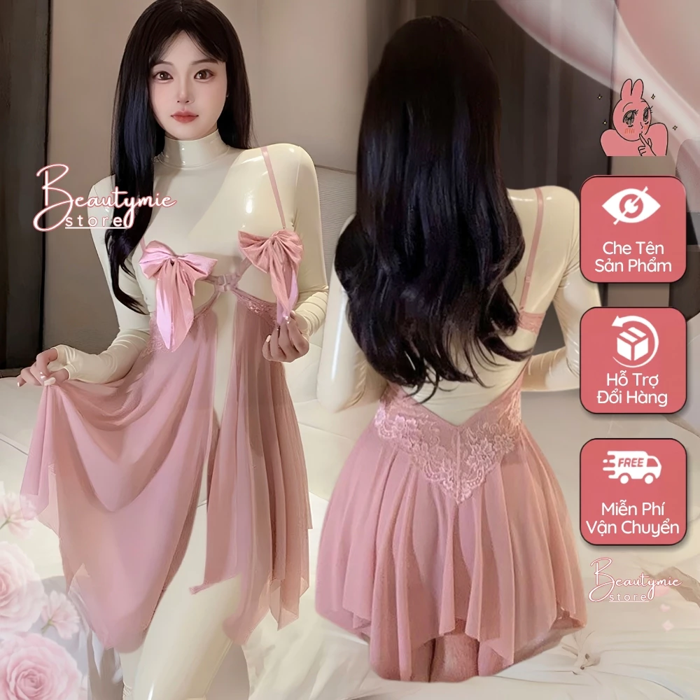 Váy ngủ ren lưới đính nơ mở ngực xuyên thấu gợi cảm DN100 Đầm ngủ 2 dây kèm quần lót lọt khe quyến rũ, Đồ ngủ sexy