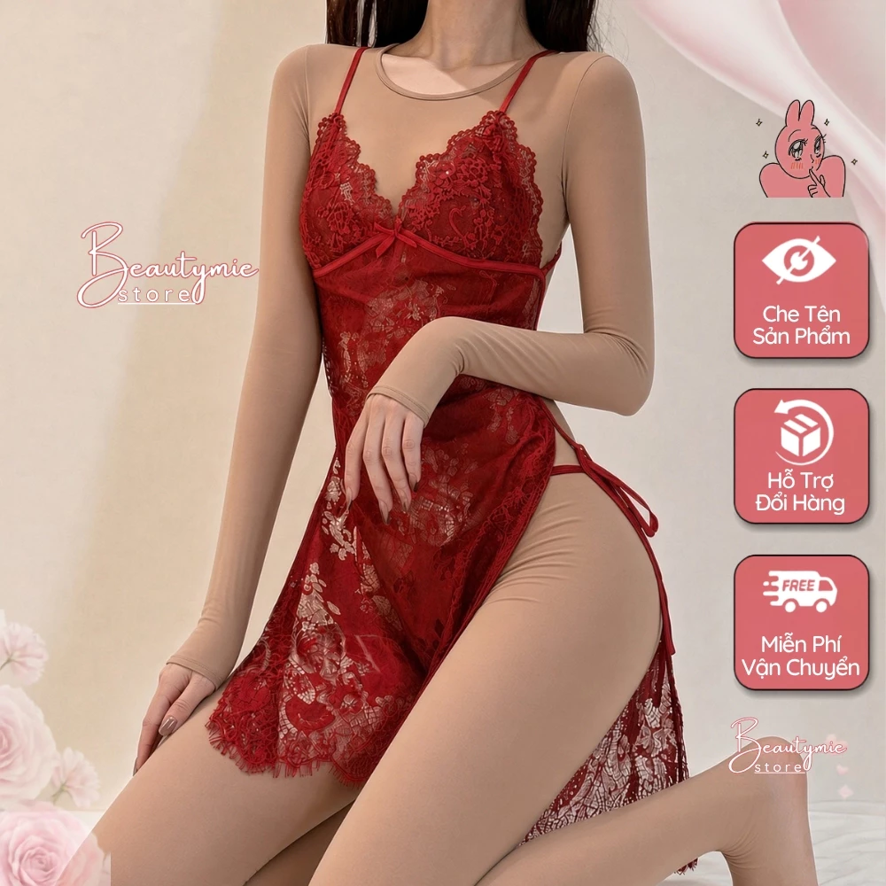 Đồ ngủ nữ phối ren DN43 kiểu dáng váy 2 dây sexy đầm hở lưng xuyên thấu kèm quần lót ren lọt khe gợi cảm