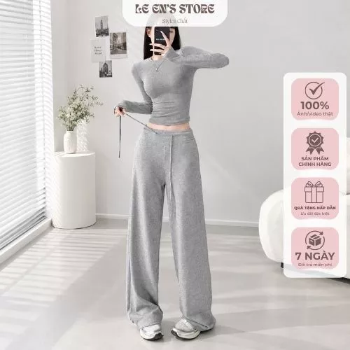 Bộ nỉ áo dài tay phối quần suông chất LEN THỎ siêu mềm mịn, bộ đồ nữ basic thu đông