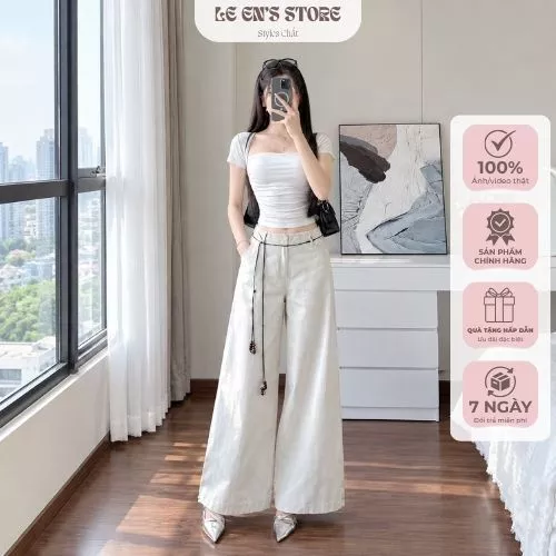 Quần ống suông nữ cạp trễ nữ chất kaki bò dáng dài, quần ống ống rộng dài 95cm kèm dây rút hạt-Q143
