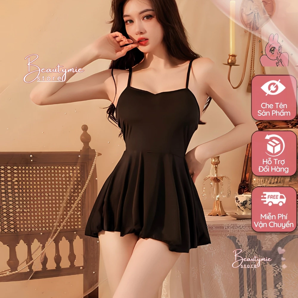 Váy ngủ sexy mặc nhà xòe đáng yêu đầm ngủ nữ 2 dây thun mềm mịn đen trắng xám quyến rũ gợi cảm DN51