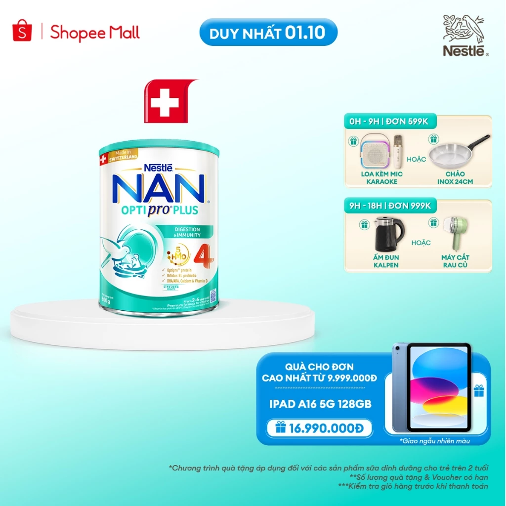 Sữa bột Nestlé NAN OPTIPRO PLUS 4 800g Cho Trẻ 2-6 Tuổi Chứa 5HMO Và Đạm OPTIPRO Giúp Tiêu Hóa Tốt, Tăng Đề Kháng