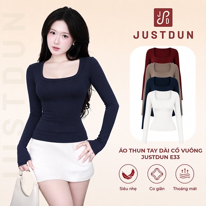 Áo Thun Nữ Cổ Vuông Dài Tay JUSTDUN E33 - Siêu Co Giãn, Cotton Mịn, Mềm Mại…