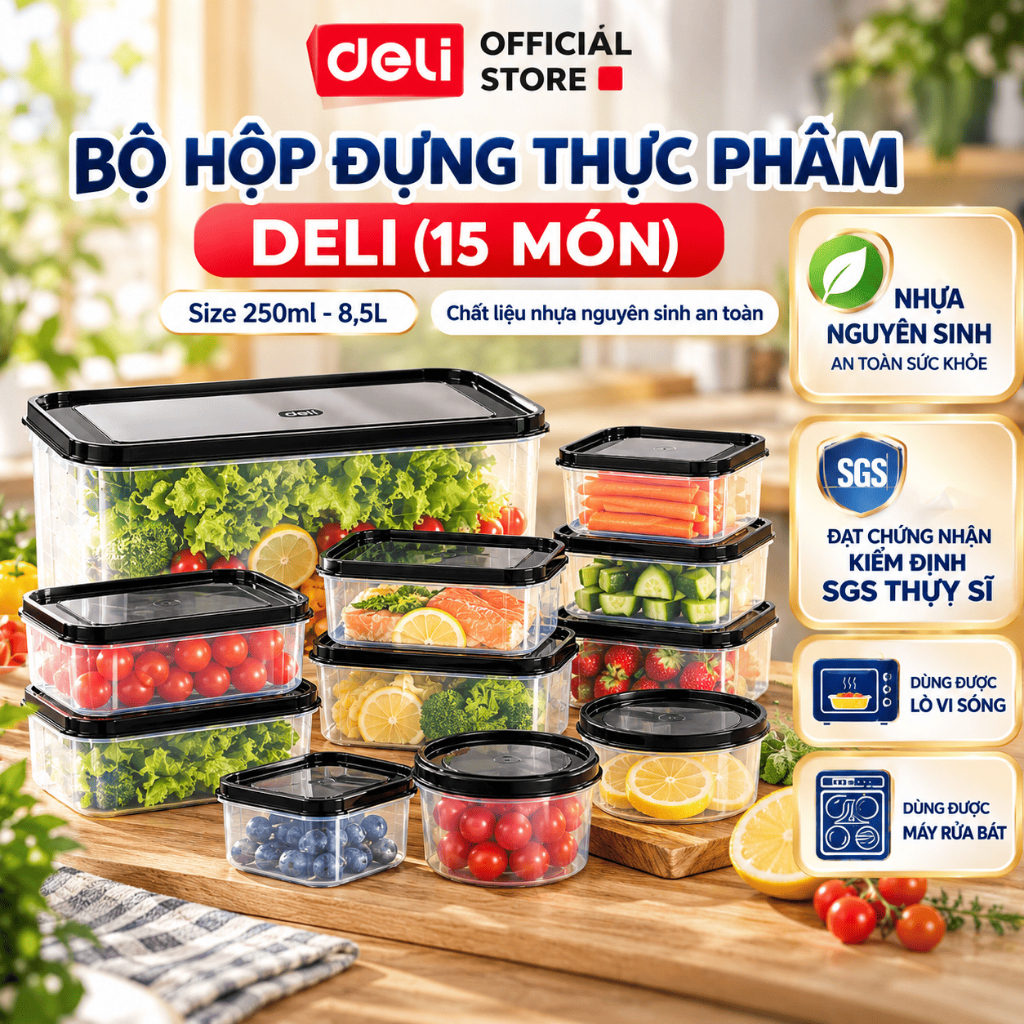 Bộ hộp 15 hộp đựng thực phẩm Nhựa PP5 Có Nắp DELI đủ size từ 250-1500ml dùng…