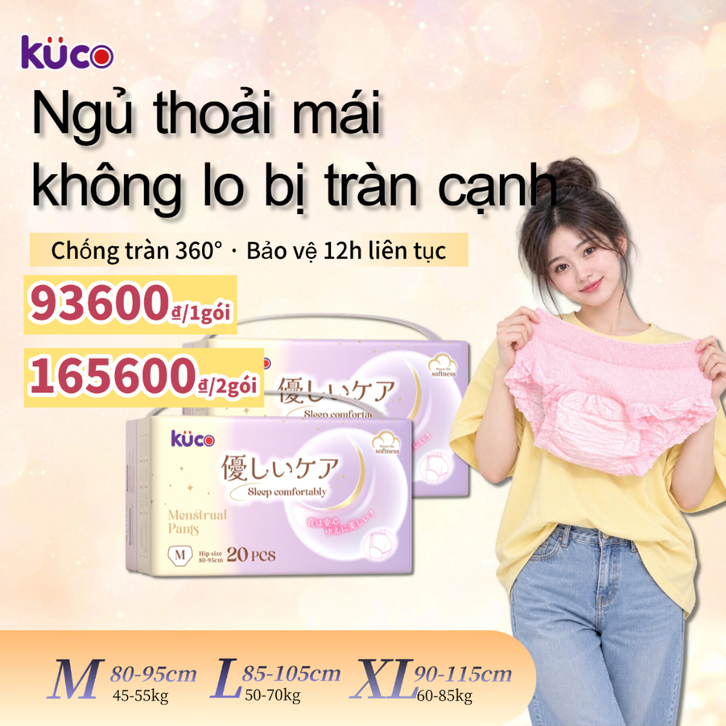 KUCO Quần vệ sinh nữ 20 miếng – M/L/XL, chống tràn 360° lõi thấm mềm mại, khô…