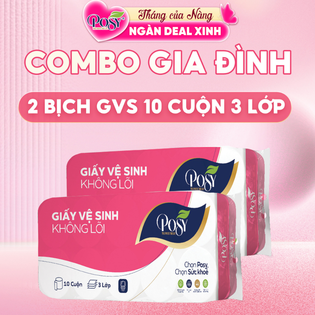 COMBO GIA ĐÌNH - 2 bịch Giấy vệ sinh Posy 10 cuộn 3 lớp không lõi - có lõi mềm…