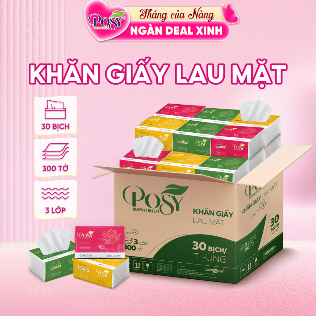 Thùng 30 gói giấy ăn rút posy 30 gói 300 tờ 3 lớp dày dặn, mềm mịn
