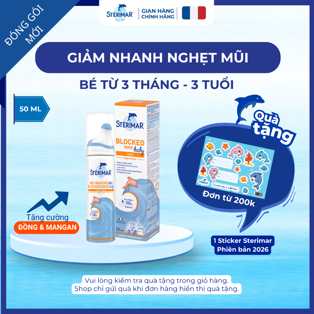 Xịt Mũi Cá Heo Cam Giảm Nghẹt Mũi Sterimar Blocked Nose Baby - 50ml (Cho bé 3…