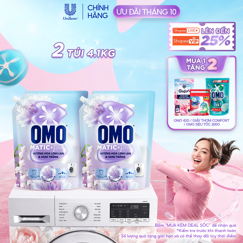 Combo 2 Nước giặt OMO Matic Pure Cửa Trước Hương Linh Lan & Vani Trắng 4.1KG…