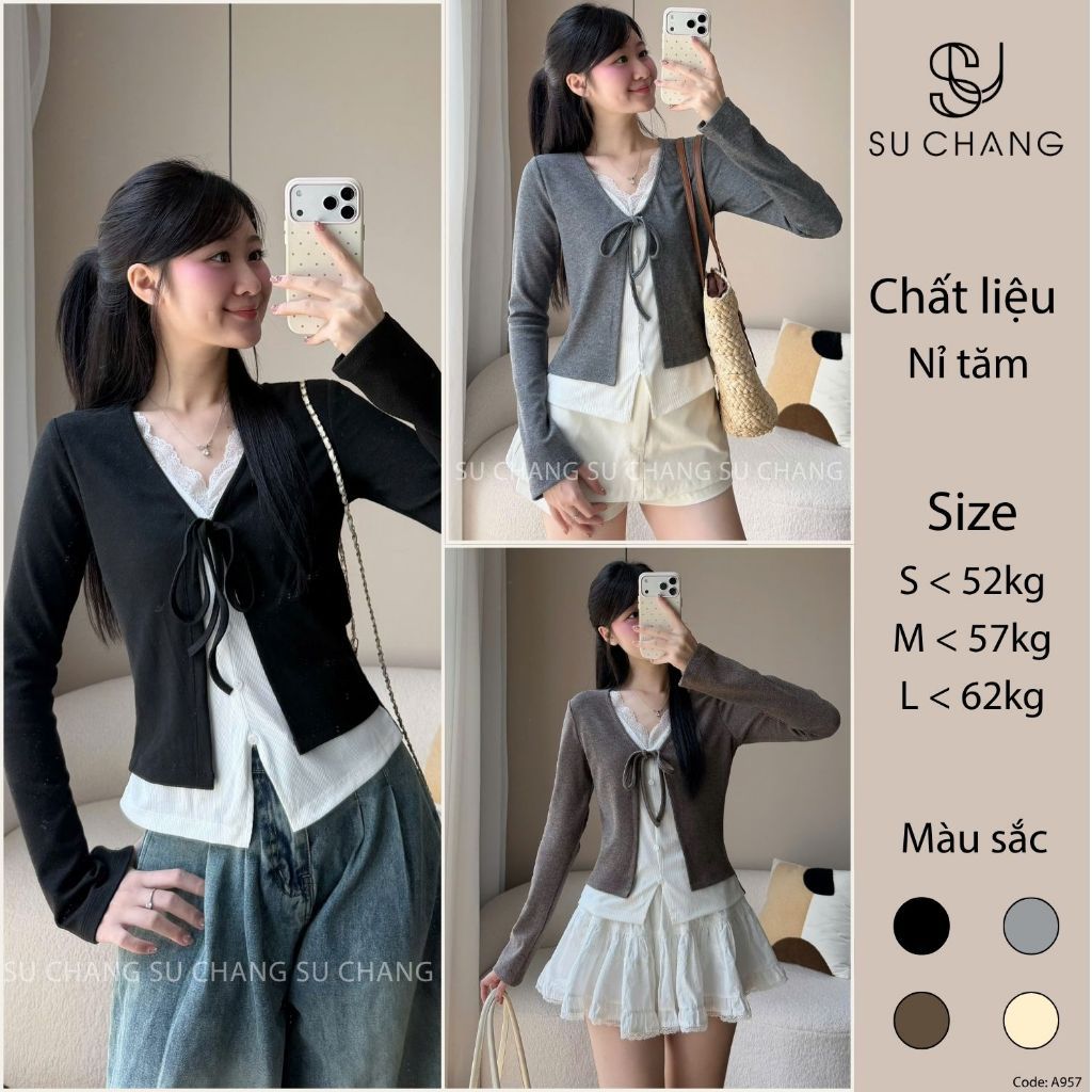 Áo Nỉ Tăm Lông Thỏ Dài Tay 2 Lớp Phối Ren A957 Su Chang Thời Trang Nữ