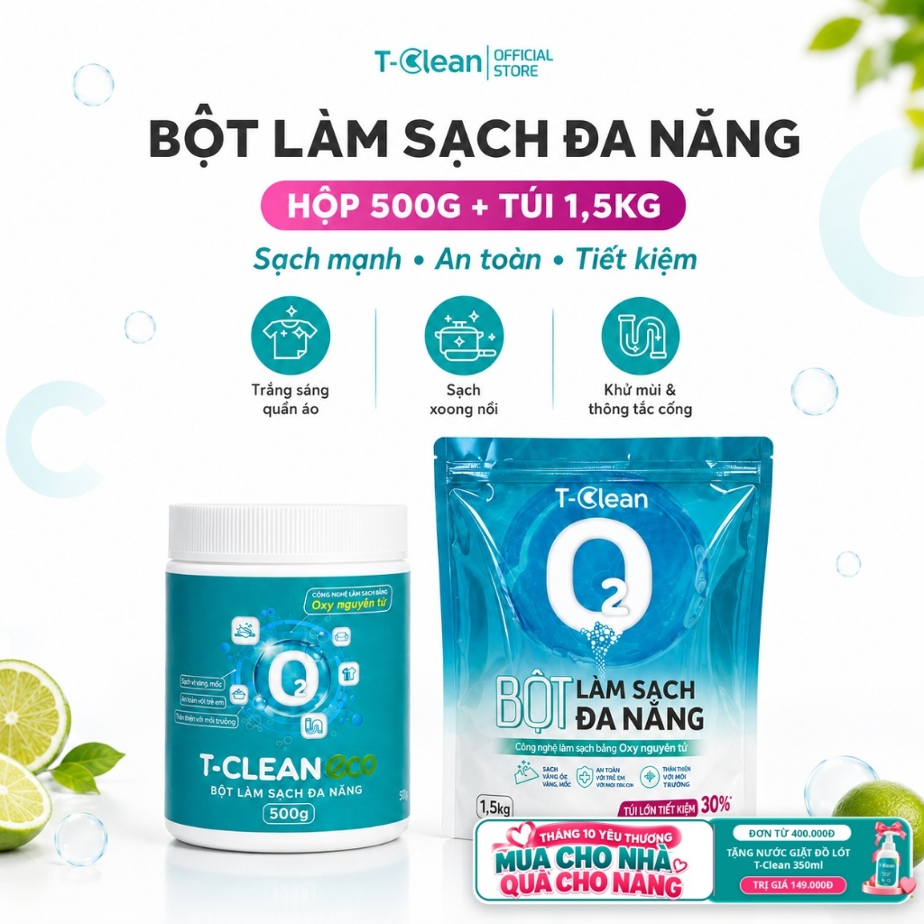 T-Clean Bột đa năng TP tự nhiên bột oxy tẩy quần áo, thông tắc bồn…