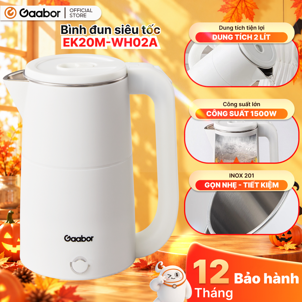 Ấm siêu tốc Gaabor EK20M-WH02A bình đun siêu tốc dung tích 2L công suất 1500W