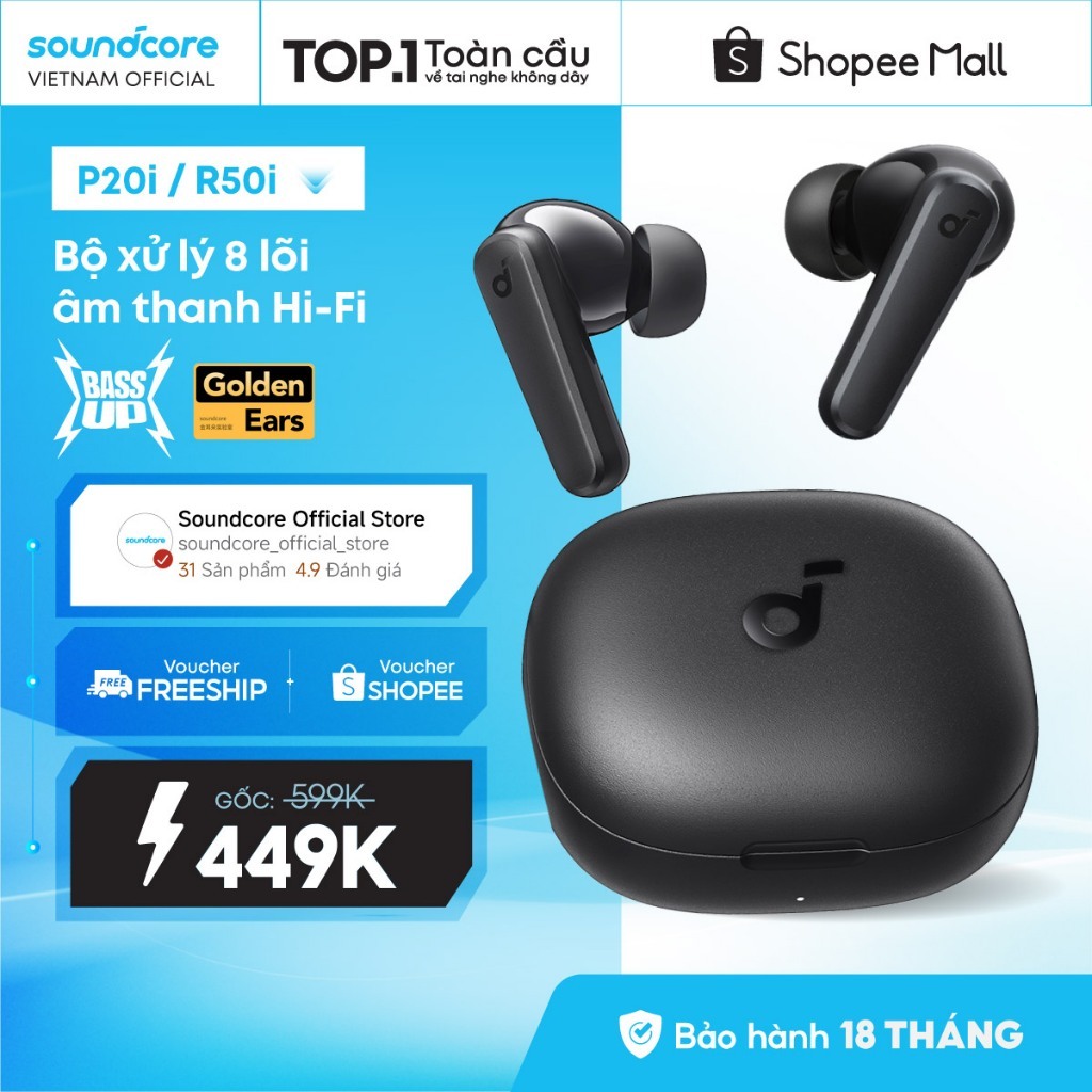 Tai nghe bluetooth soundcore R50i (P20i) siêu nhỏ gọn 30 giờ phát nhạc Chống…