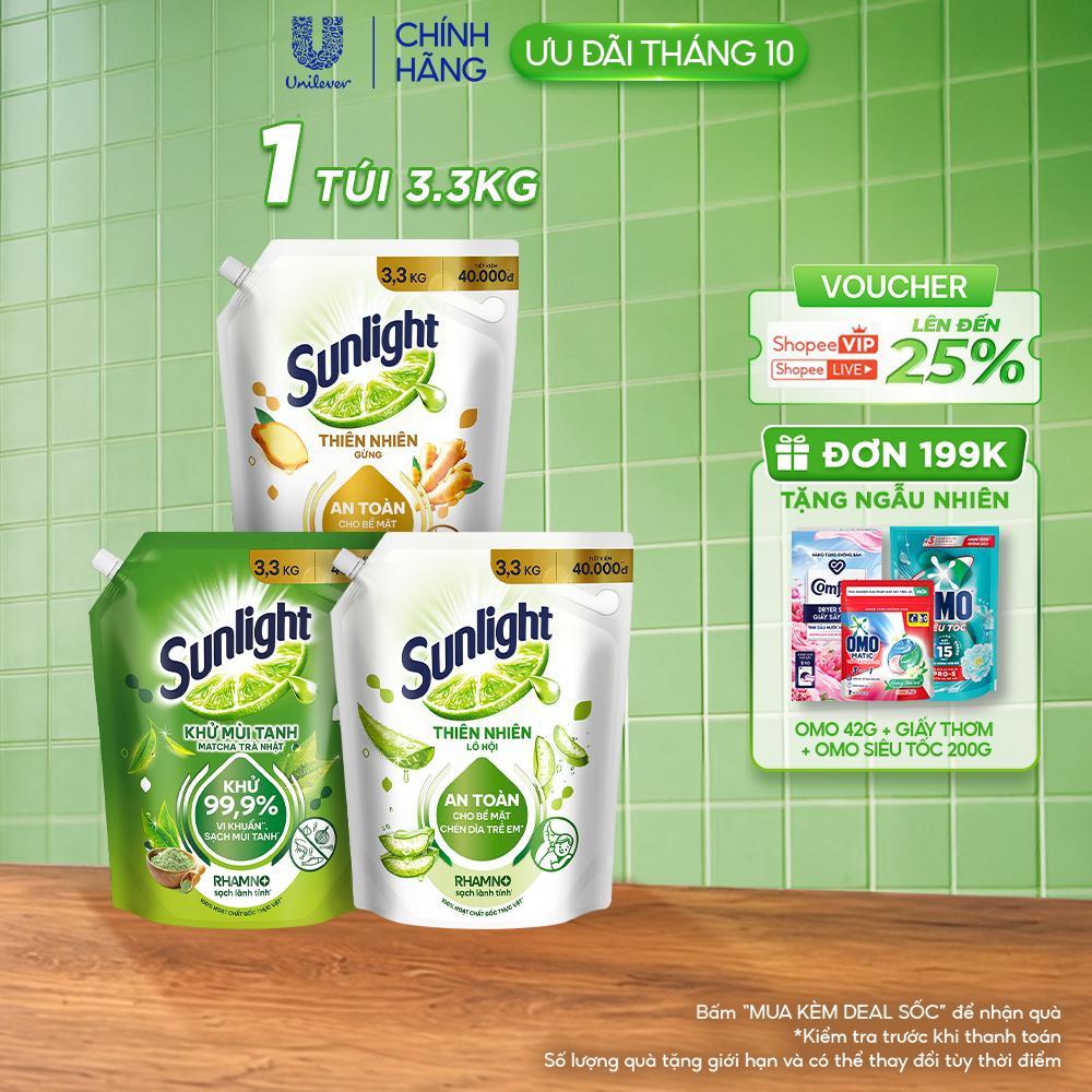 Nước rửa chén Sunlight Bio-care với thành phần từ 100% tự nhiên Túi 3.3kg