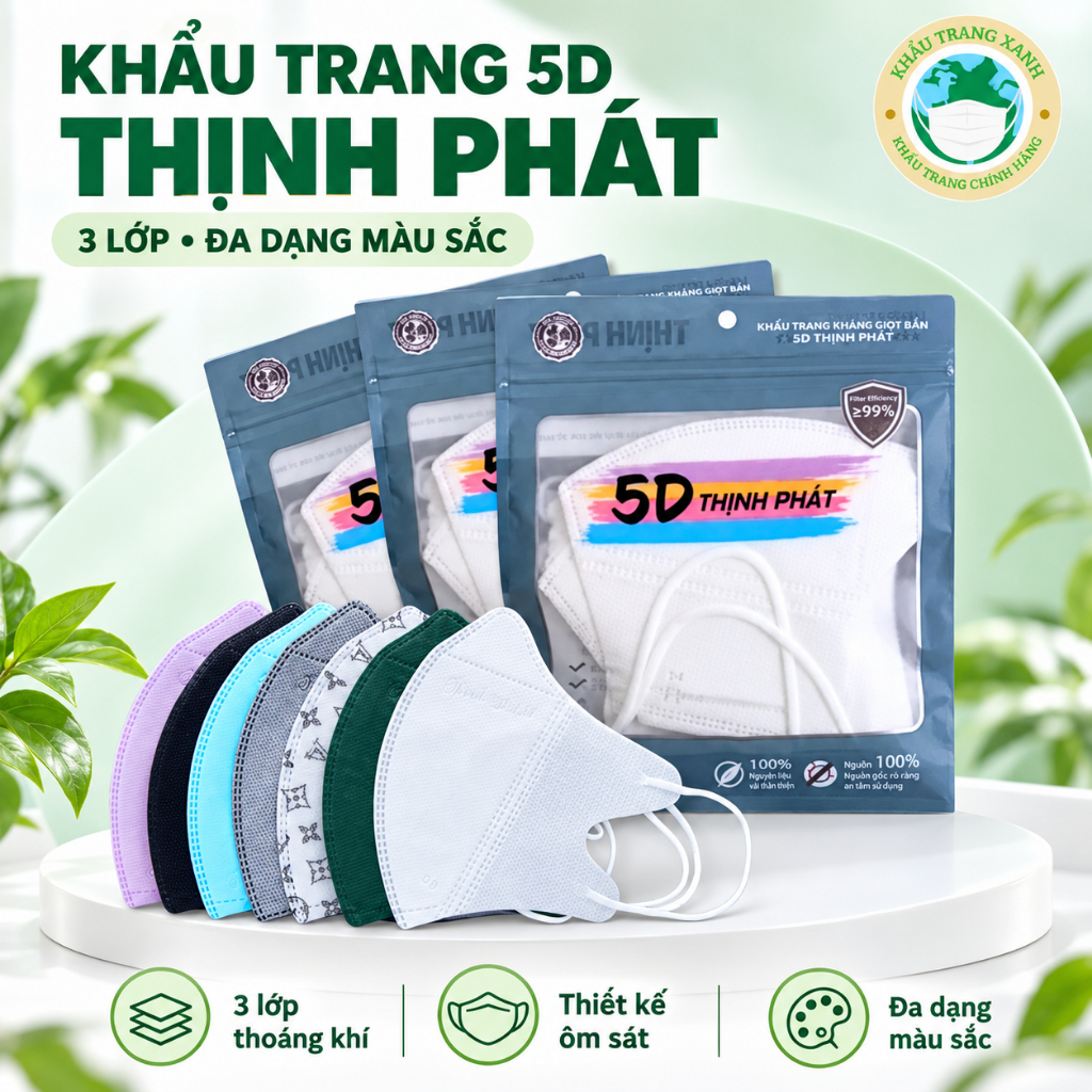Khẩu Trang 5D THỊNH PHÁT Chính Hãng Đủ Màu, 3 Lớp Kháng Khuẩn Chống Bụi Mịn Dễ…