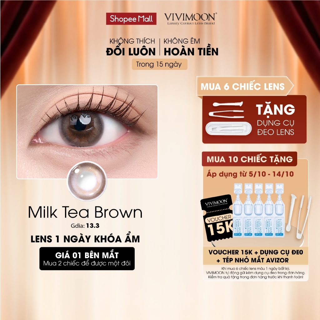 VIVIMOON lens cận 1 ngày Milk Tea Brown, kính áp tròng khóa ẩm màu nâu trà sữa…