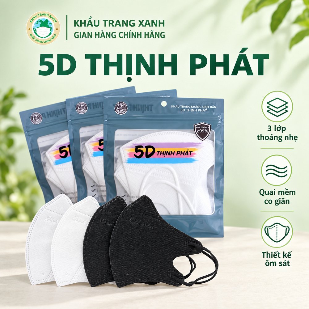 Khẩu trang 5D Thịnh Phát Chính Hãng Dày 3 Lớp Kháng Khuẩn, Lọc Bụi Mịn Ngăn…