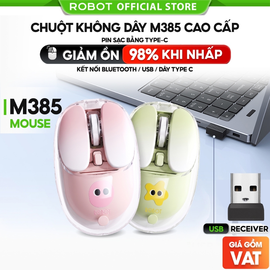 Chuột Không Dây ROBOT M385 Hình Thỏ Trong Suốt Bluetooth 2.4G Pin 400mAh…