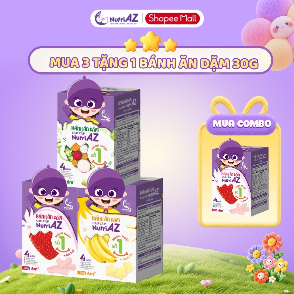 Bánh Ăn Dặm Cao Cấp NutriAZ Vị Trái Cây, Rau Củ Cho Trẻ Từ 6 Tháng Tuổi