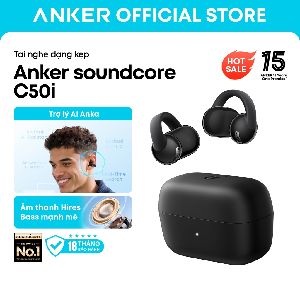 Tai nghe kẹp tai dạng mở Anker soundcore C50i, bass mạnh, gọi AI rõ nét, pin…