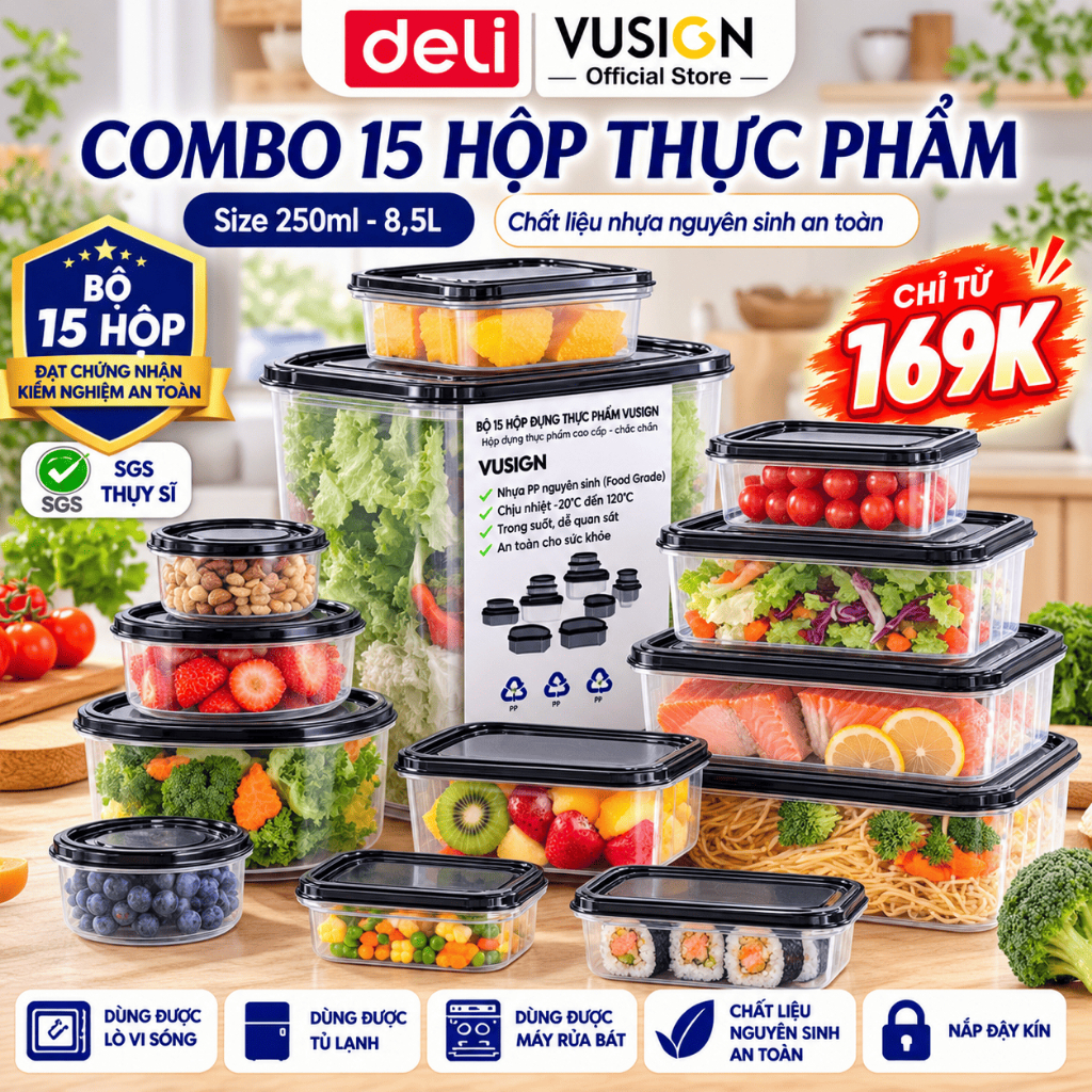 🔥COMBO Bộ 15 Hộp Đựng Thực Phẩm DELI x VUSIGN 250–8500ml Hộp Thức Ăn Dùng Lò…