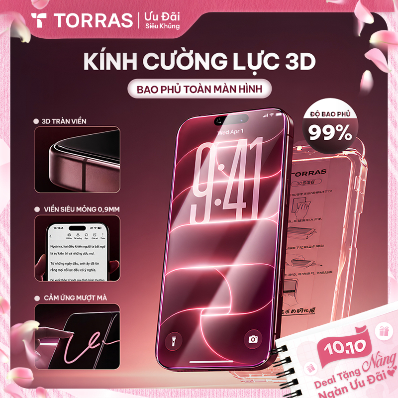TORRAS Kính Cường Lực iPhone 15/16/17/18 3D Full Màn Hình, Viền Đen, Siêu…