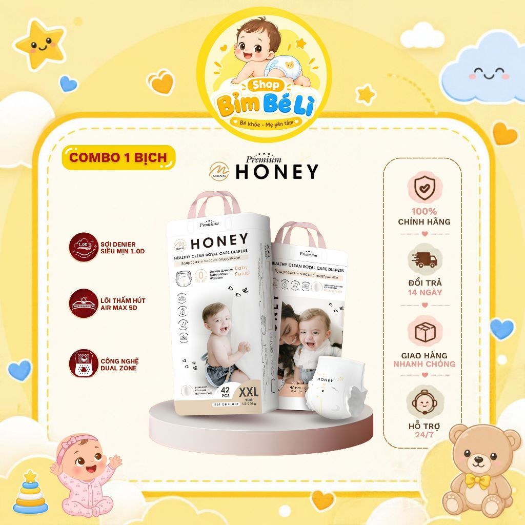 Tã/Bỉm Dán/Quần Honey Premium Tinh Chất Tơ Tằm Siêu Mềm Mịn đủ size…