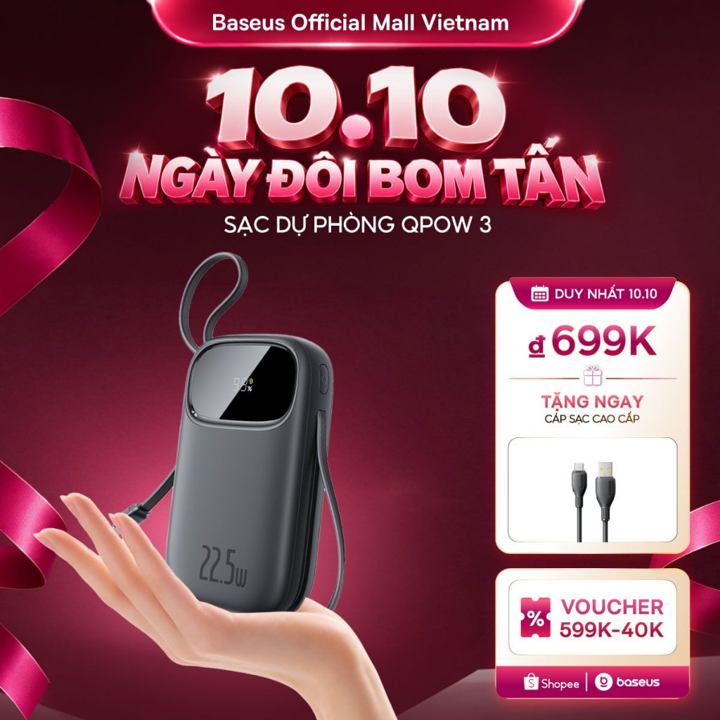 Sạc dự phòng Baseus Qpow3 20000mAh/10000mAh PD22.5W Màn Số LED Cáp Kép Sạc…