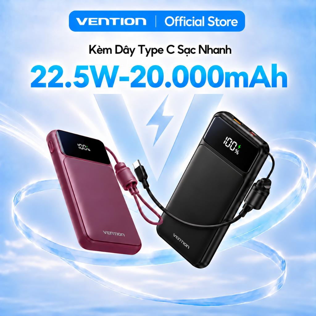 Sạc Dự Phòng Vention 20000mAh Sạc Nhanh 22.5W, Chứng Nhận 3C, Tích Hợp Cáp…