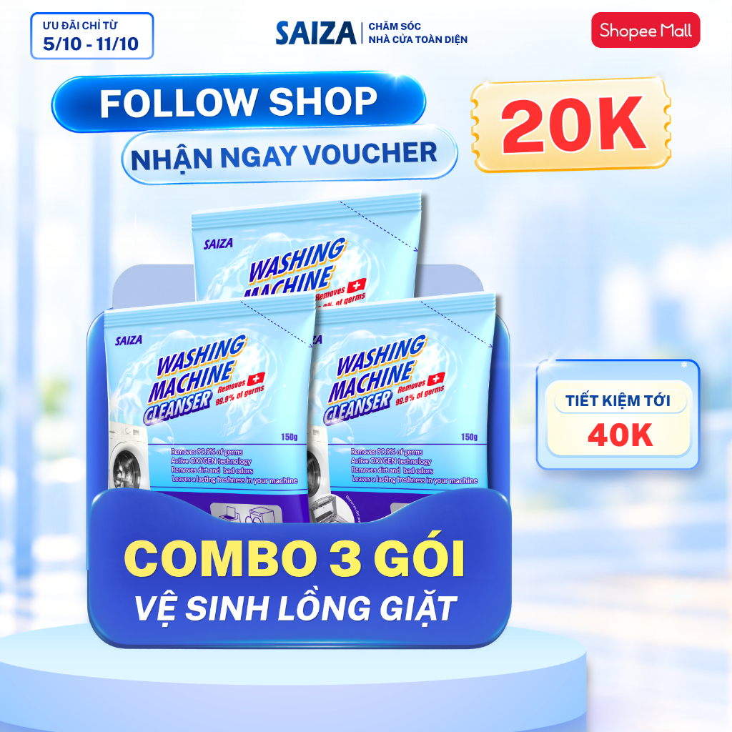 Bột Vệ Sinh Lồng Máy Giặt SAIZA Combo 3 Gói Tẩy Cặn Bẩn Khử Mùi Kháng Khuẩn…