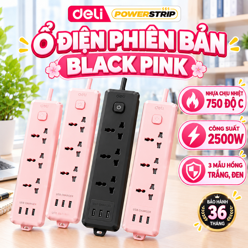 Ổ Cắm Điện Đen Hồng DELI Công Suất 2500W, Ổ Điện Đa Năng Để Bàn Kết Hợp Cổng…