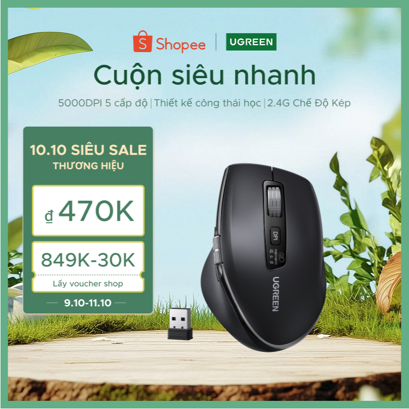 UGREEN,Chuột Bluetooth Không Dây, 2.4G, Công Nghệ 5.0, Thiết Kế Công Thái Học…