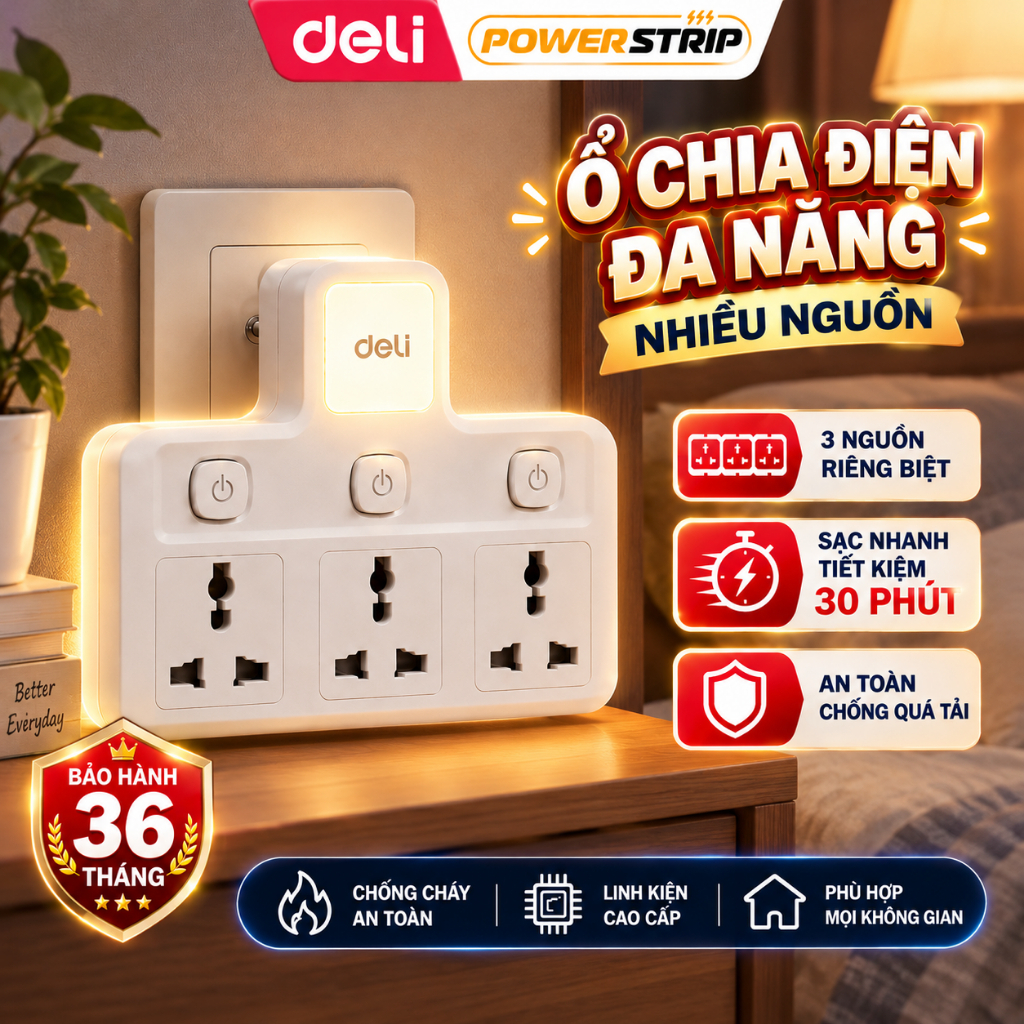 Ổ Cắm Chia Điện Deli, Ổ Cắm Chữ T 2500W Tích Hợp Cổng USB &TypeC Cải Tiến Sạc…