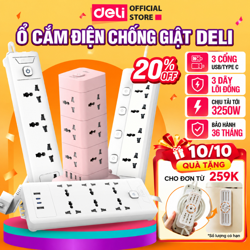 Ổ Cắm Điện DELI Sạc NhanhPD20W Tích Hợp USB - Ổ Điện Đa Năng 2500W An Toàn Có…
