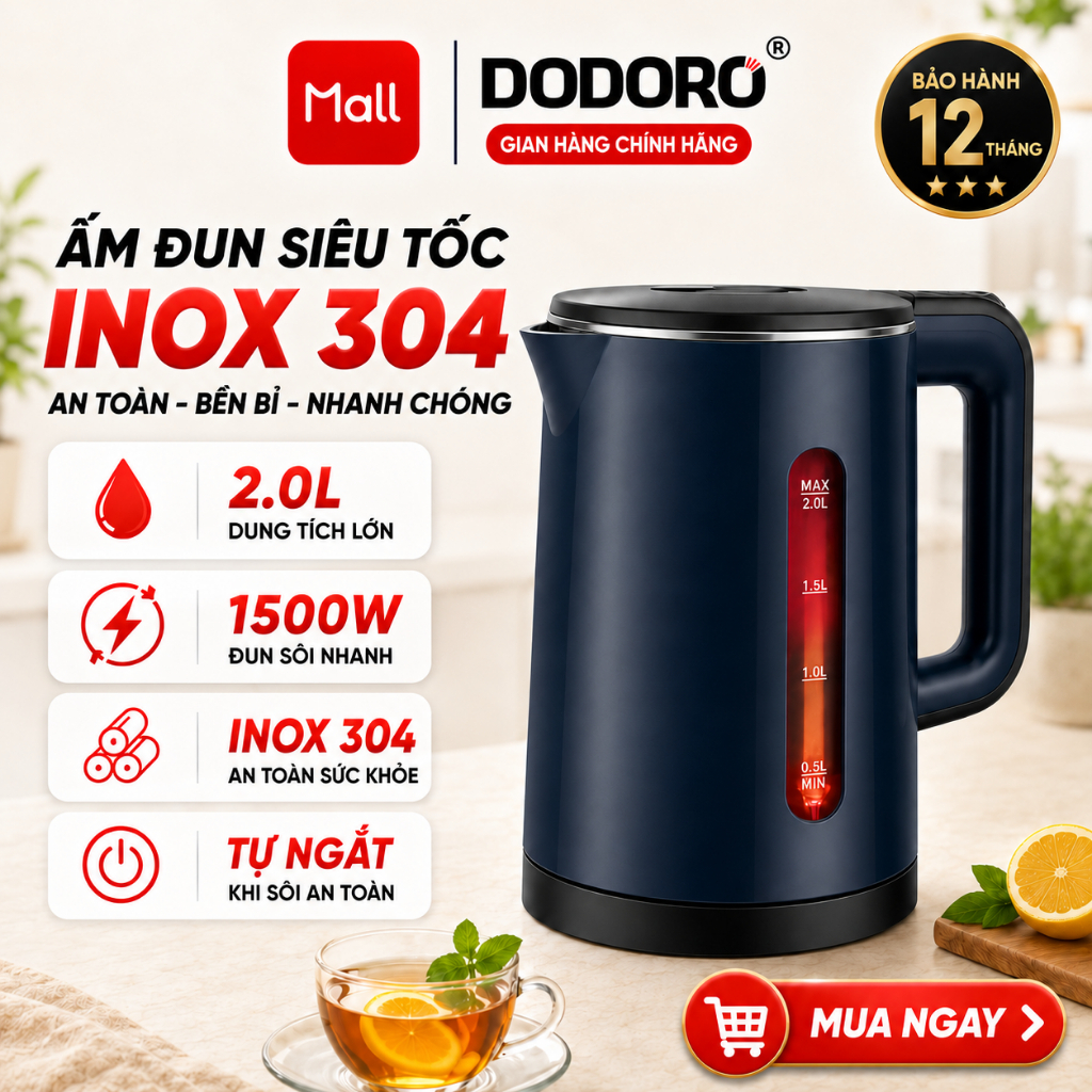 Ấm đun siêu tốc, Bình đun nước thủy tinh siêu tốc 1.8L ZODAN A19 BẢO HÀNH 12…