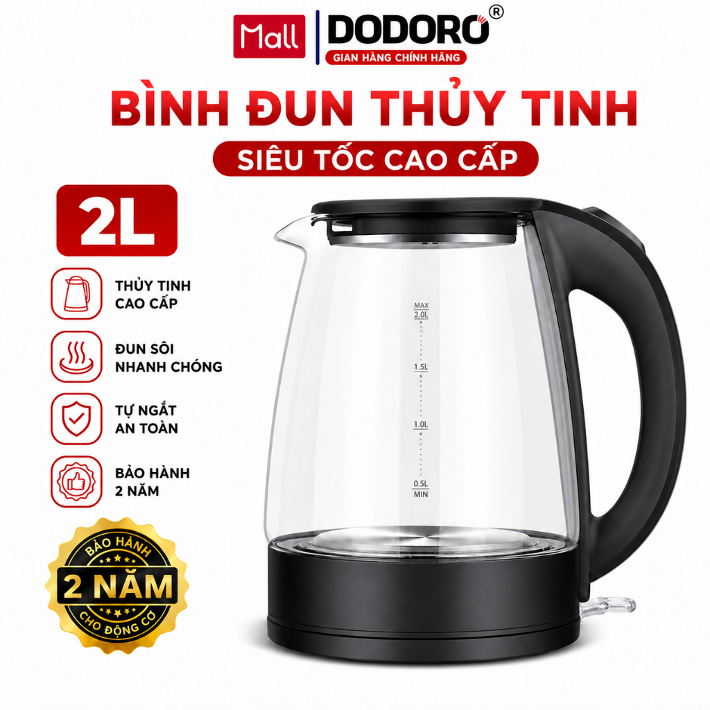 Ấm đun siêu tốc, Bình đun nước thủy tinh siêu tốc 2.0L - Bảo Hành 1 Năm